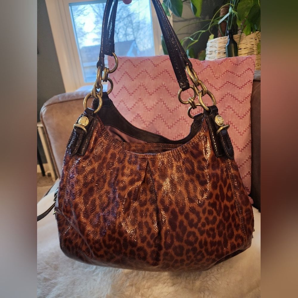 Coach Maggie Mia Patent Leather Ocelot Print Purse, Gold Hardware